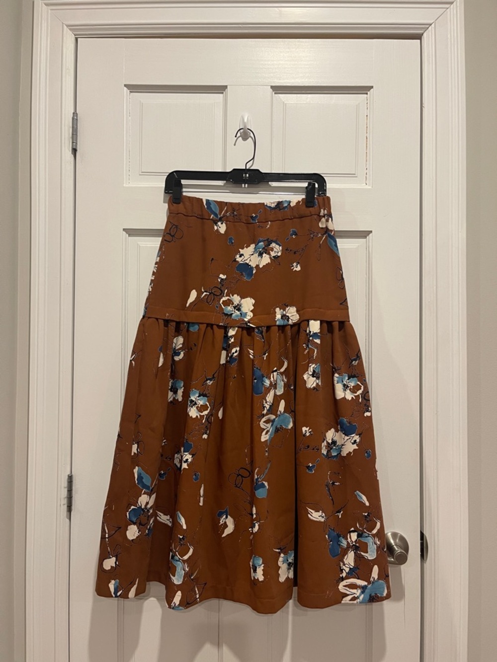 Mignon Rust Brown Floral Tiered Midi Skirt with Blue Accents